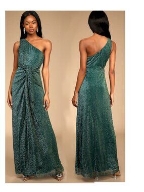 Lulus Glamorous Glitz Shiny Teal Green One-Shoulder Maxi Dress Size Medium NWOT